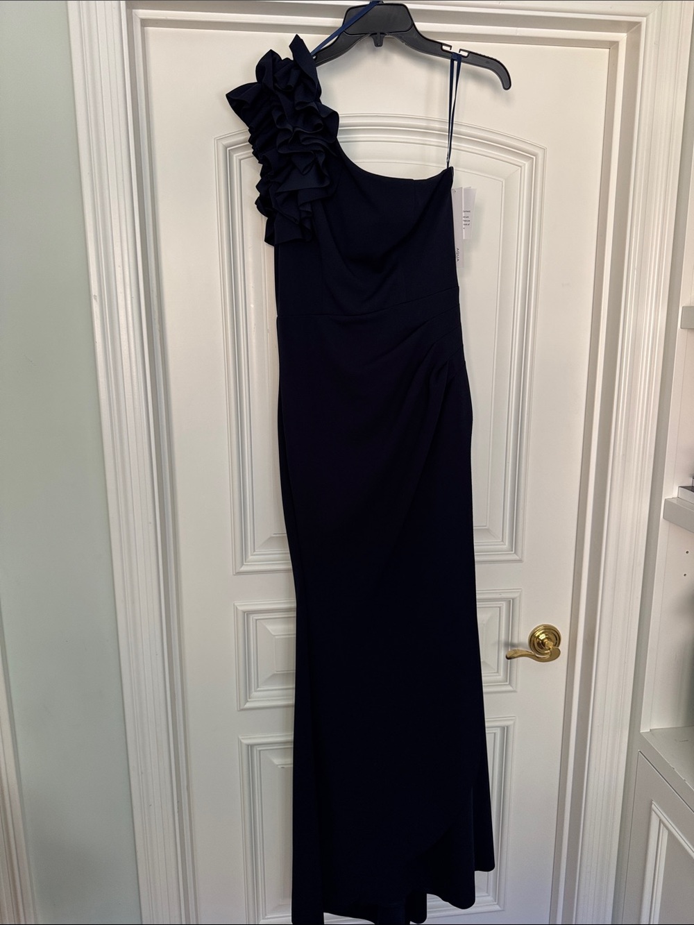 Aqua by Bloomingdale’s One-Shoulder Navy Ruffle Evening Gown